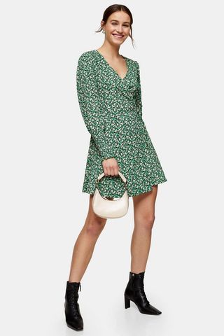 Topshop + Green Floral Wrap Dress