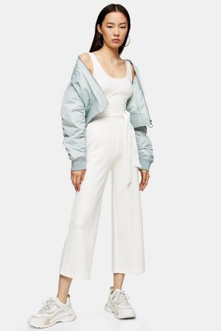 Topshop + White Ribbed Jumpsuit With Bust Seam