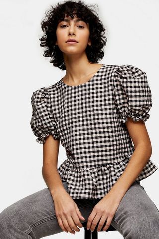 Topshop + Pink Check Bow Back Puff Blouse