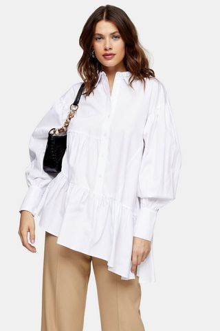 Topshop + White Asymmetric Poplin Tiered Shirt