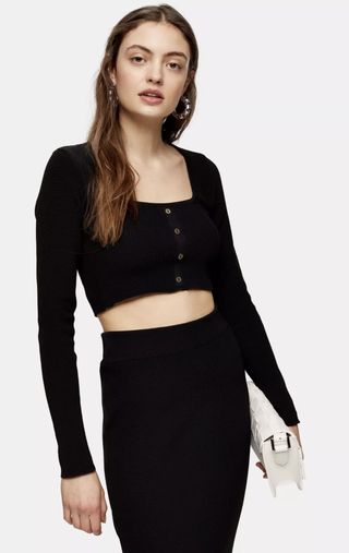 Topshop + Black Square Neck Button Knitted Top