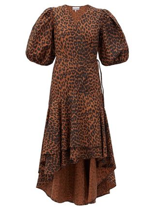 Ganni + Puff-Sleeve Leopard-Print Cotton Wrap Dress