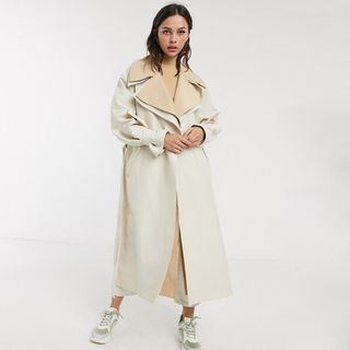 ASOS + Double Layer Trench Coat in Stone