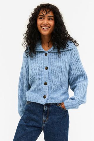 Monki + Light Blue Cropped Heavy Knit Cardigan