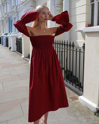 The Drop + Bordeaux Off Shoulder Tiered Puff Sleeve Midi Dress