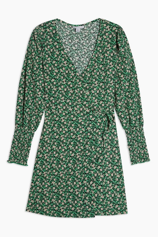 Topshop + Green Floral Wrap Dress