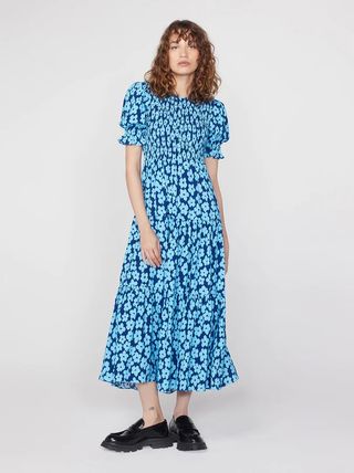 Kitri + Persephone Blue Blurred Floral Midi Dress