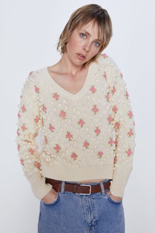Zara + Floral Pompom Sweater