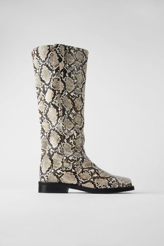 Zara + Animal Print Square Toe Flat Boots