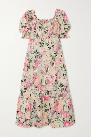 Faithfull the Brand + Shirred Floral-Print Linen Midi Dress