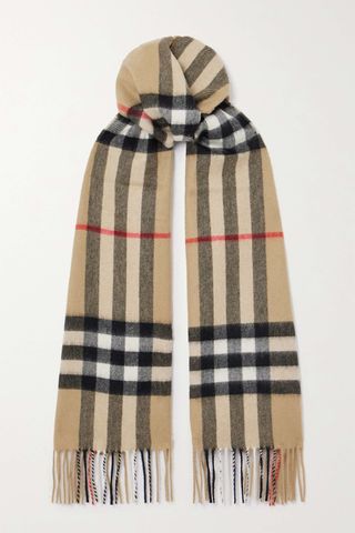 Burberry + Fringed Checked Cashmere Scarf