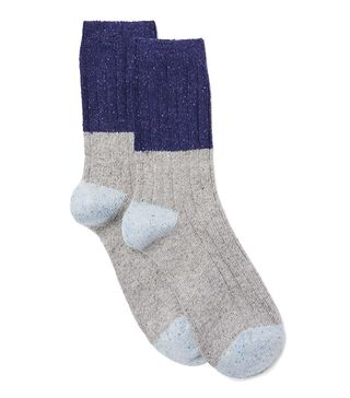John Lewis & Partners + Wool and Silk Mix Colour Block Ankle Socks in Grey/Blue