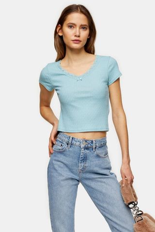 Topshop + Blue Ribbed Crop Lace Trim T-Shirt