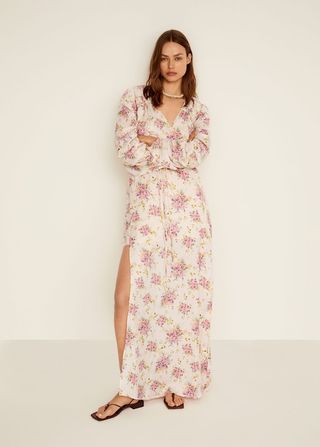 Mango + Ruched Sleeve Floral Dress