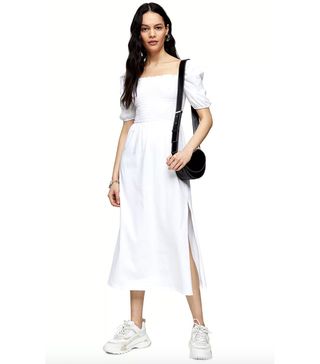 Topshop + White Shirred Midi Dress