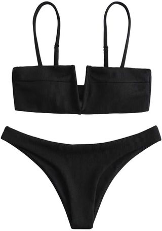 Zaful + V-Wire Padded Ribbed High Cut Cami Bikini Set