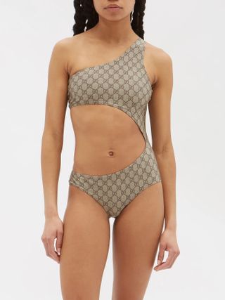 Gucci + One-Shoulder GG-Jacquard Swimsuit