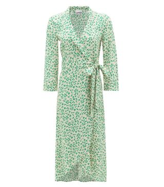 Ganni + Blouson-Sleeve Floral-Print Crepe Wrap Dress