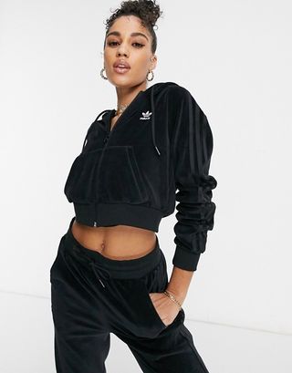 Adidas Originals + Relaxed Risqué Velour Zip Through Hoodie in Black