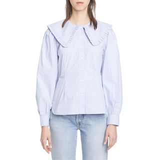 Ganni + Frill Collar Stripe Cotton Button-Up Shirt