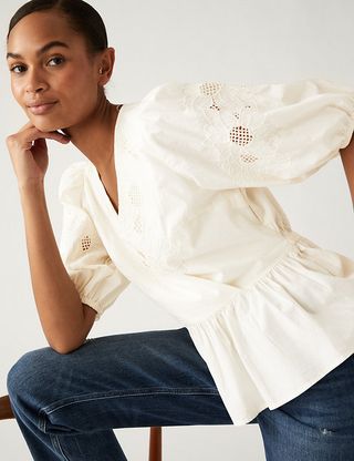 M&S Collection + Pure Cotton Embroidered Puff Sleeve Blouse
