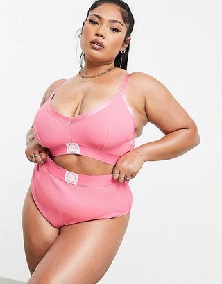 Asos Design + Weekend Collective Curve Ribbed Bra & High-Waist Knicker in Pink