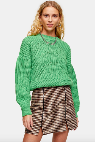 Topshop + Green Ribbed Balloon Sleeve Sweater