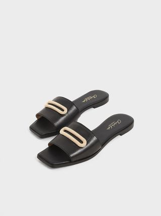 Charles & Keith + Leather Metallic Accent Slide Sandals