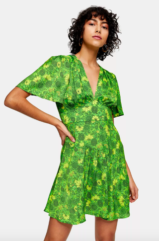 Topshop + Willow Green Floral Print Angel Sleeve Mini Dress