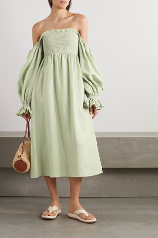 Sleeper + + Net Sustain Atlanta Off-The-Shoulder Shirred Organic Linen Midi Dress
