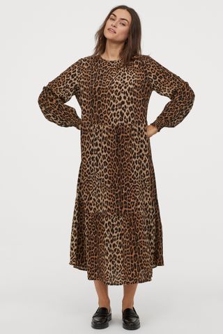 H&M + Crêped Dress in Dark Beige/Leopard Print