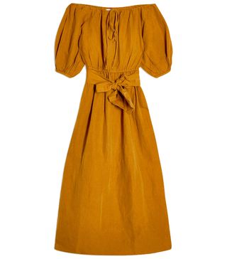 Topshop + Sand Linen Blend Belted Bardot Midi Dress