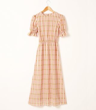 Phoebe Grace + Tilly Round Necked Midaxi Puff Sleeved Dress Pink Check