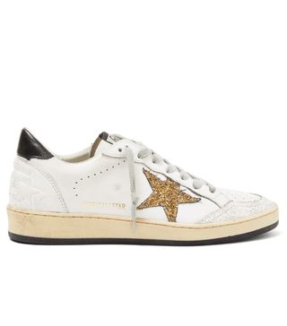 Golden Goose + Ball Star Glitter-Appliqué Leather Trainers