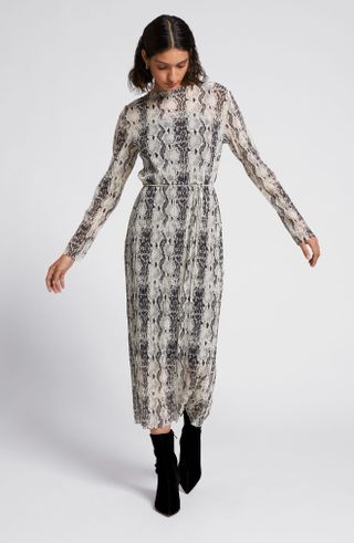 & Other Stories + Snake Print Pleated Long Sleeve Mesh Midi Dress