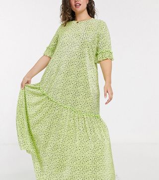 ASOS Design + Curve Plisse Maxi Dress With Asymmetrica Hem in Green Ditsy Floral Print