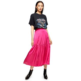 Topshop + Plain Pink Tiered Satin Skirt