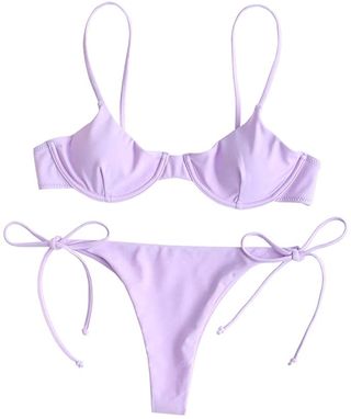 Dezzal + Underwire Push Up Balconette Tie Side String Bikini Set Swimsuit