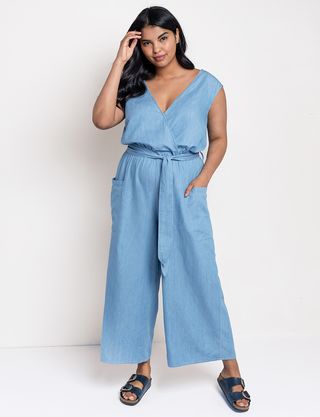 Eloquii + Tie Front Chambray Jumpsuit