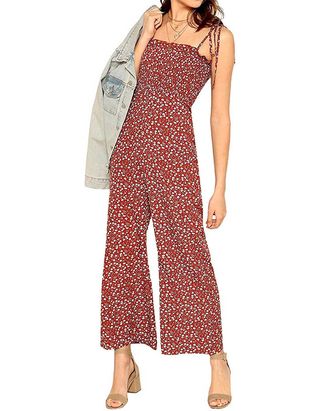 Floerns + Palm Leaf Print Shirred Back Button Cami Palazzo Jumpsuit