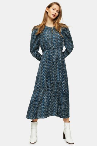 Topshop + Blue Long Sleeve Animal Print Midi Dress