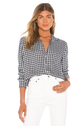 Frank & Eileen + Long Sleeve Button Down Top in Small Navy & Light Blue Plaid