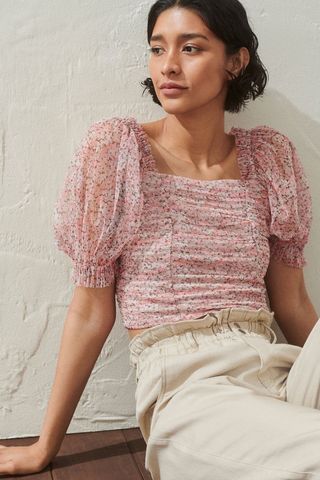 H&M + Puff-Sleeved Mesh Top