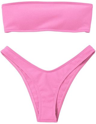 Zaful + Strapless Ribbed High Cut Bandeau Bikini Set