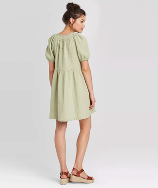 Who What Wear + Short Sleeve Crewneck Smocked Gauze Shift Dress