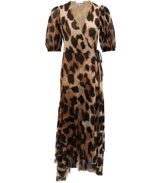 Ganni + Leopard-Print Wrap Mesh Dress