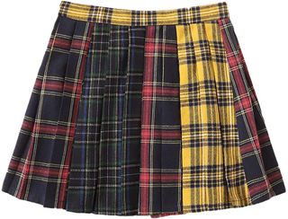 Wdirara + Fashion Plaid Mid Waist Colorblock Tartan Mini Pleated Skirt