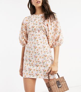 ASOS Design + Cotton Poplin Mini Dress With Puff Sleeves in Ditsy Floral
