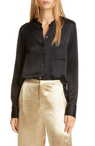 Vince + Slim Fit Band Collar Silk Blouse