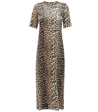 Ganni + Leopard-Print Satin Midi Dress